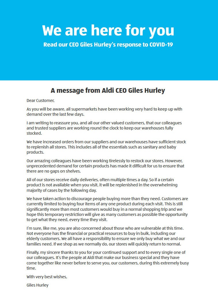 ALDI Response to COVID-19 Offers from 20 March