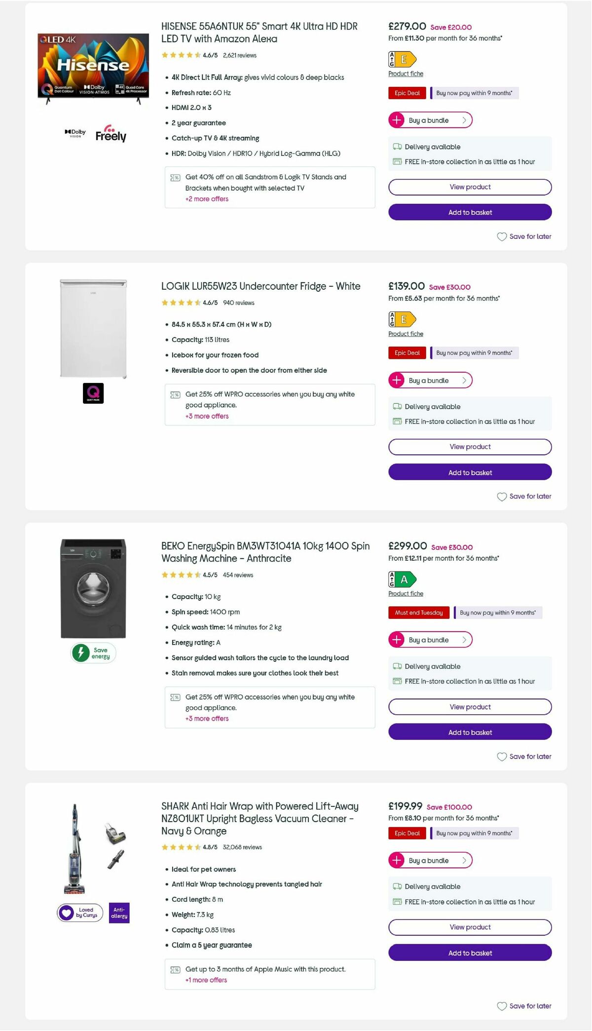 Currys Offers from 25 August