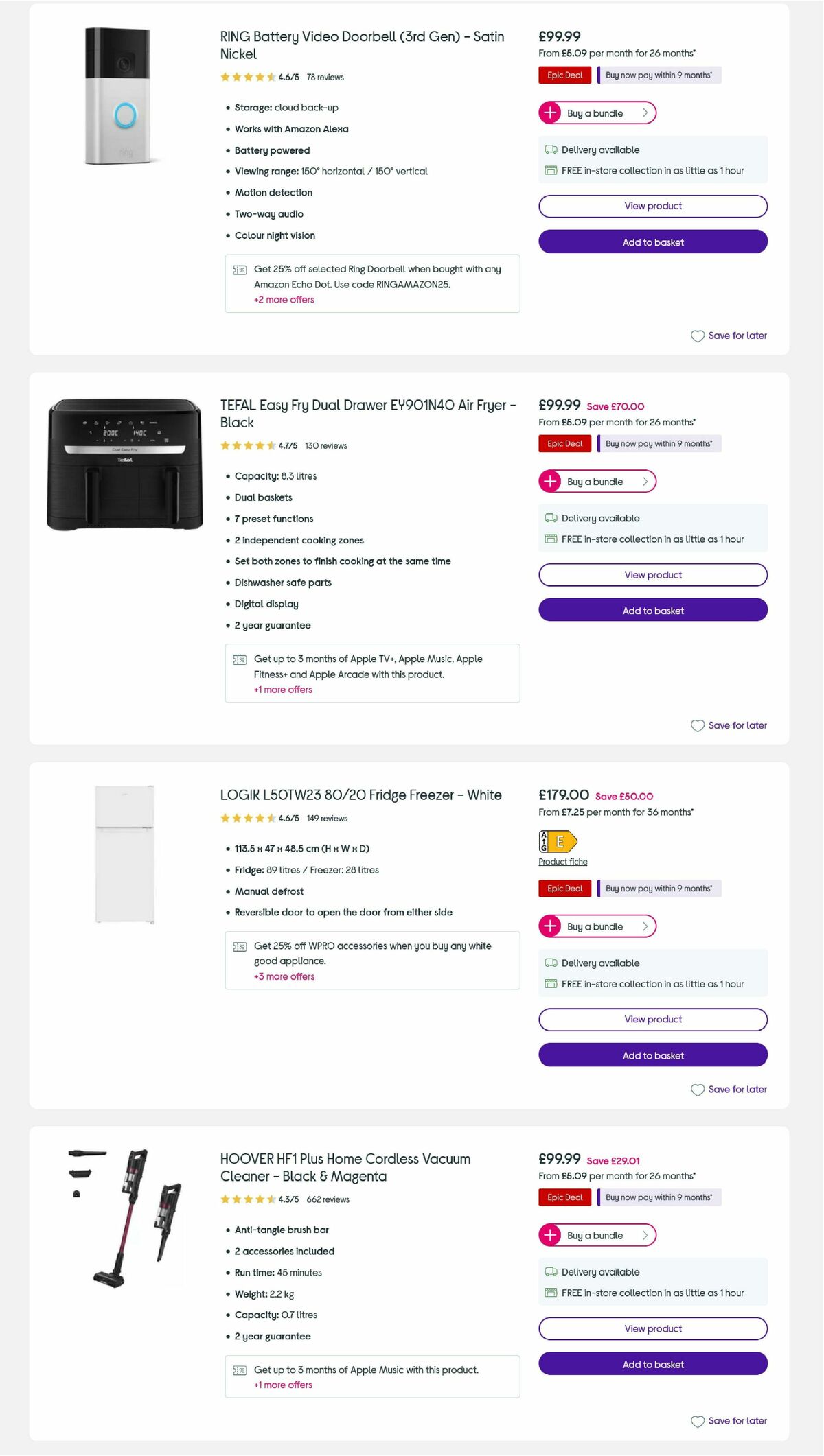 Currys Offers from 25 August