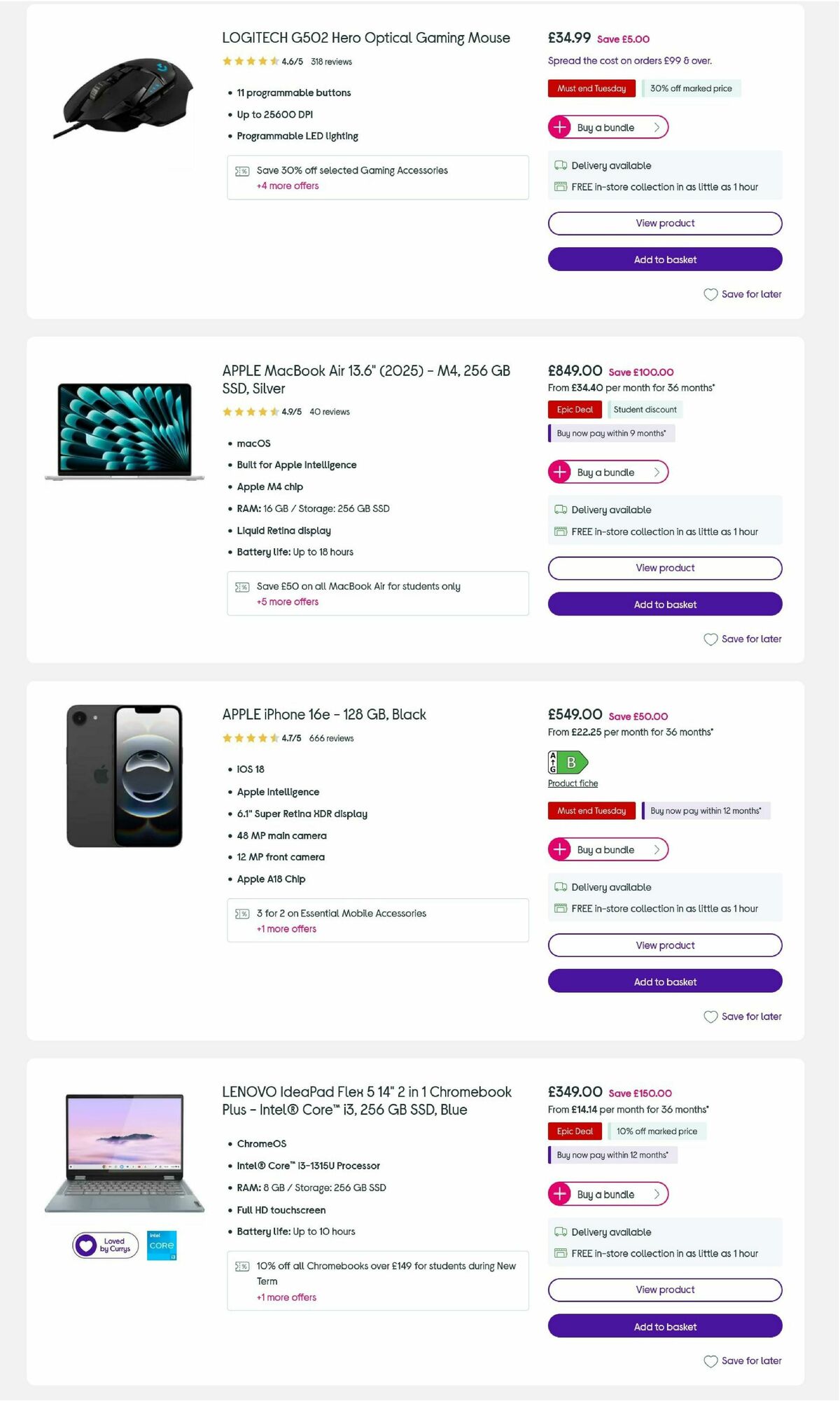 Currys Offers from 25 August