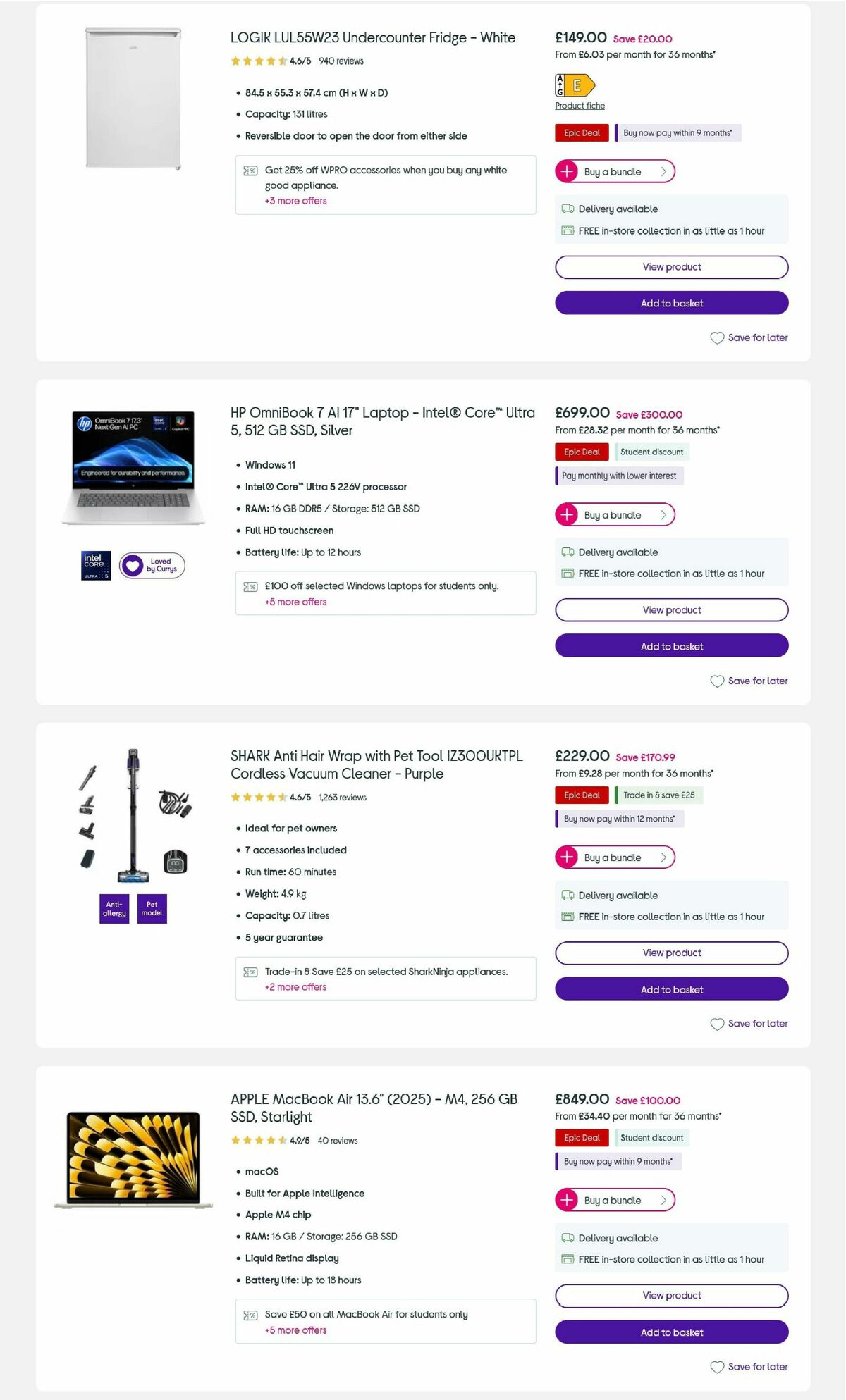 Currys Offers from 25 August