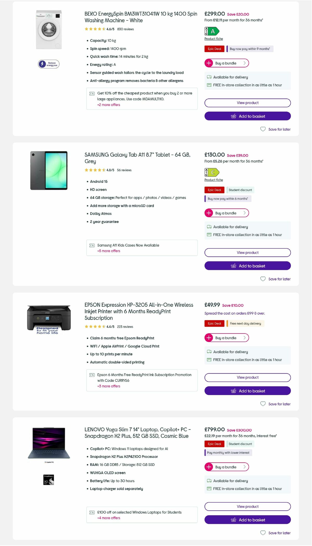 Currys Offers from 3 September