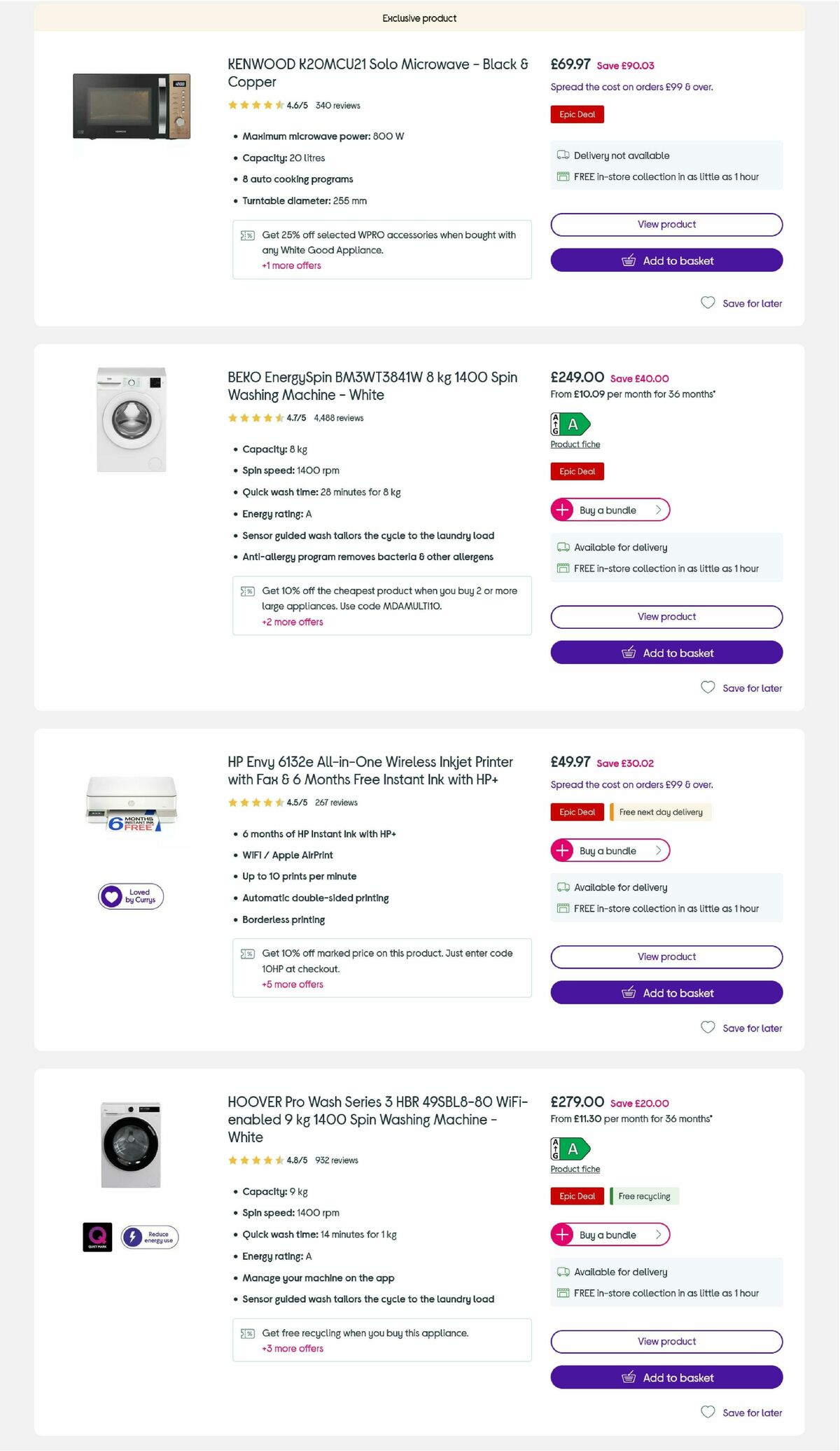 Currys Offers from 3 September