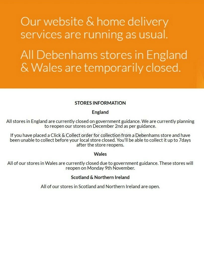 Debenhams Coronavirus update on store closures Offers from 4 November
