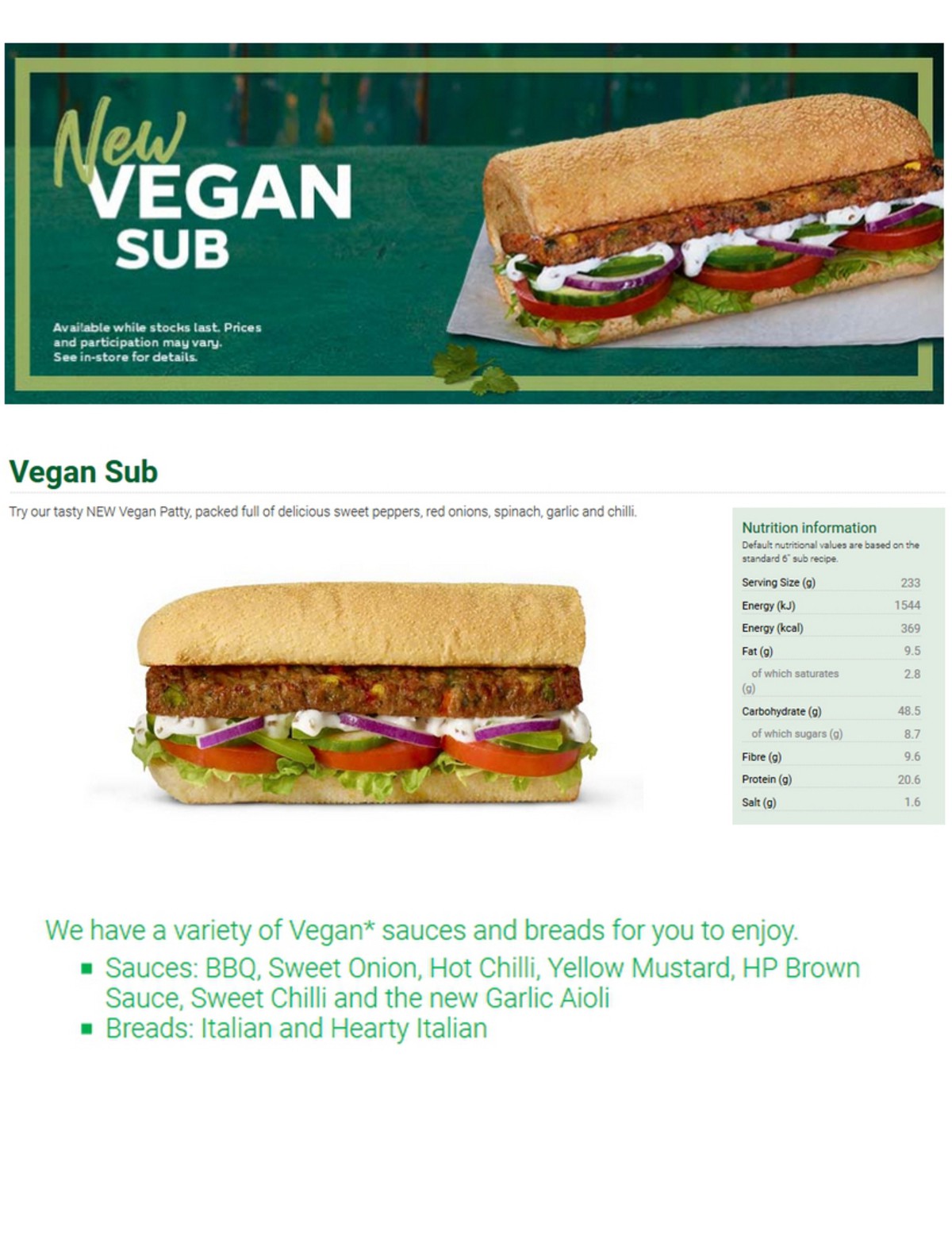 SUBWAY Vegan Offers from 1 April